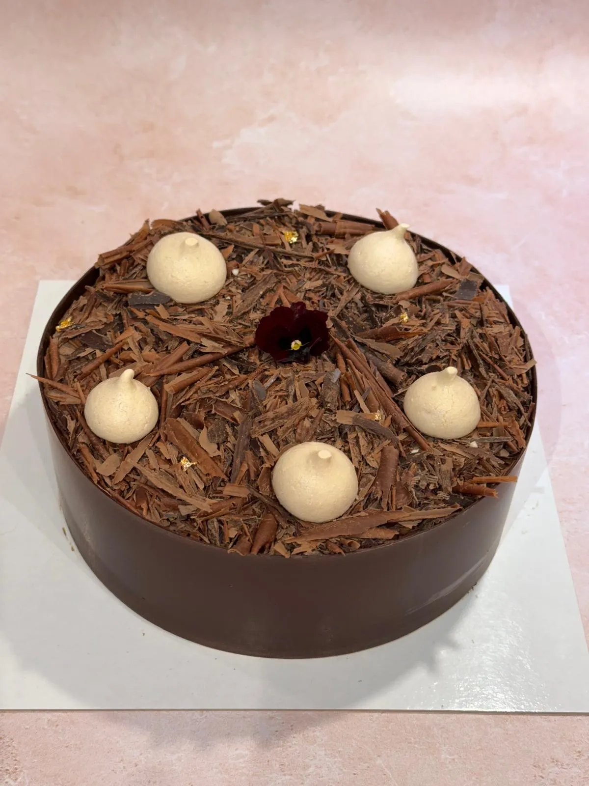 Entremets couvert de copeaux de chocolat et petites meringues