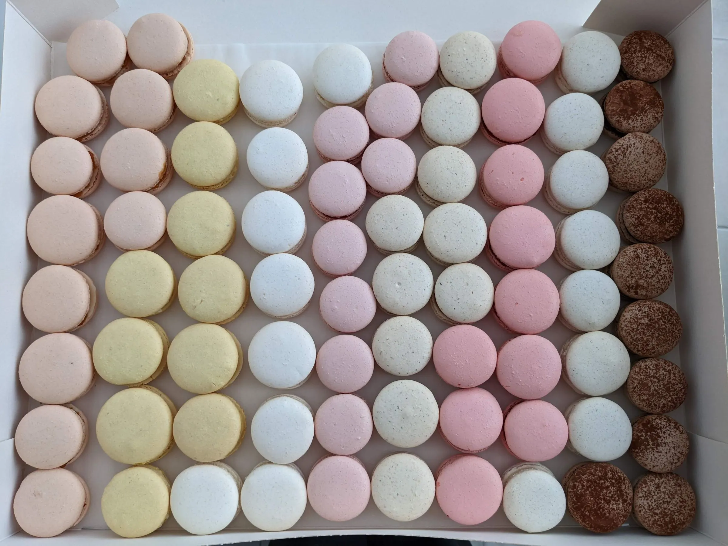 Plateau de macarons aux saveurs variées, vue de dessus